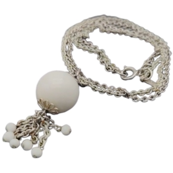 Emmons White & Silver Tasseled Sno-Ball Choker Necklace - Picture 5 of 14